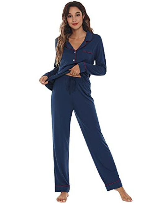 WiWi Bamboo Pajamas Set for Women Long Sleeve Sleepwear Button Down Nightwear Soft Pj Lounge Sets Loungewear S-3X