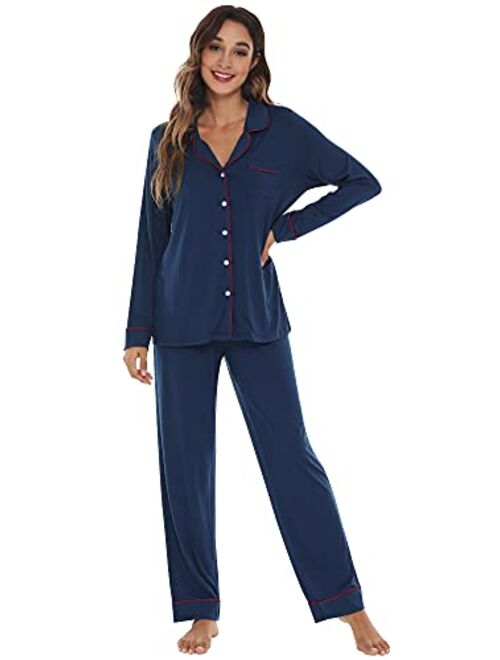 WiWi Bamboo Pajamas Set for Women Long Sleeve Sleepwear Button Down Nightwear Soft Pj Lounge Sets Loungewear S-3X