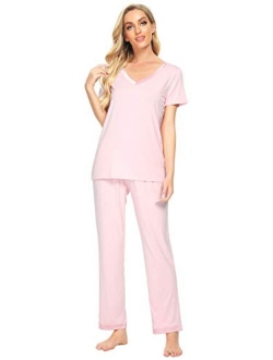 Womens Bamboo Pajama Sets Soft V Neck Sleepwear Short Sleeves Top with Pants Pjs Lightweight Loungewear S-3X