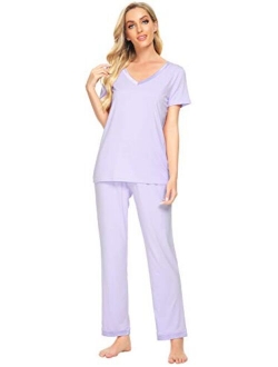 Womens Bamboo Pajama Sets Soft V Neck Sleepwear Short Sleeves Top with Pants Pjs Lightweight Loungewear S-3X