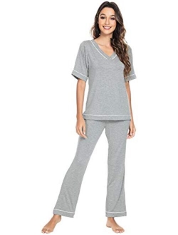 Womens Bamboo Pajama Sets Soft V Neck Sleepwear Short Sleeves Top with Pants Pjs Lightweight Loungewear S-3X