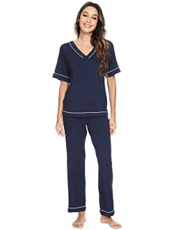 Womens Bamboo Pajama Sets Soft V Neck Sleepwear Short Sleeves Top with Pants Pjs Lightweight Loungewear S-3X