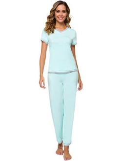 Womens Bamboo Pajama Sets Soft V Neck Sleepwear Short Sleeves Top with Pants Pjs Lightweight Loungewear S-3X