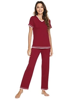 Womens Bamboo Pajama Sets Soft V Neck Sleepwear Short Sleeves Top with Pants Pjs Lightweight Loungewear S-3X