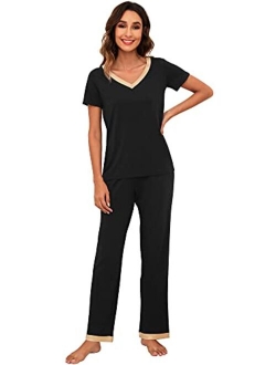 Womens Bamboo Pajama Sets Soft V Neck Sleepwear Short Sleeves Top with Pants Pjs Lightweight Loungewear S-3X