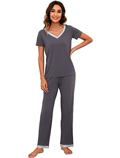 WiWi Womens Bamboo Pajama Sets Soft V Neck Sleepwear Short Sleeves Top with Pants Pjs Lightweight Loungewear S-3X