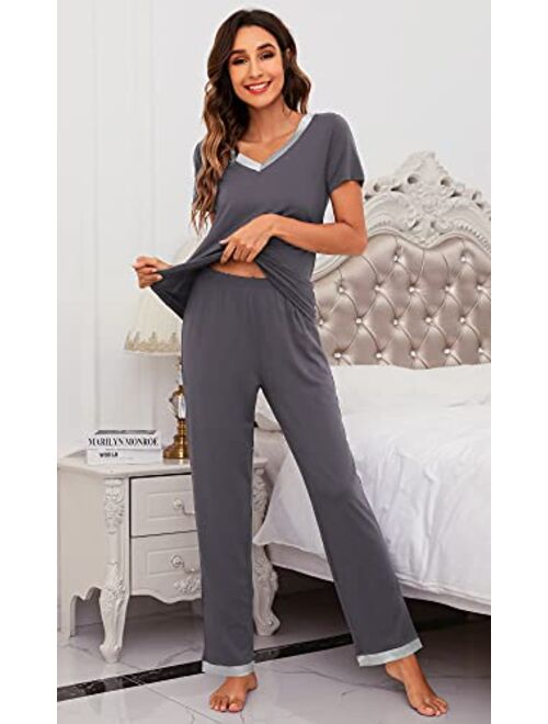 WiWi Womens Bamboo Pajama Sets Soft V Neck Sleepwear Short Sleeves Top with Pants Pjs Lightweight Loungewear S-3X