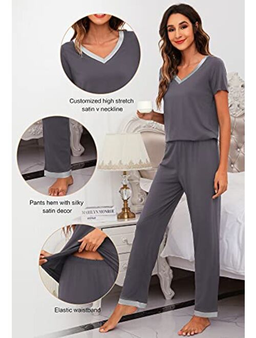 WiWi Womens Bamboo Pajama Sets Soft V Neck Sleepwear Short Sleeves Top with Pants Pjs Lightweight Loungewear S-3X