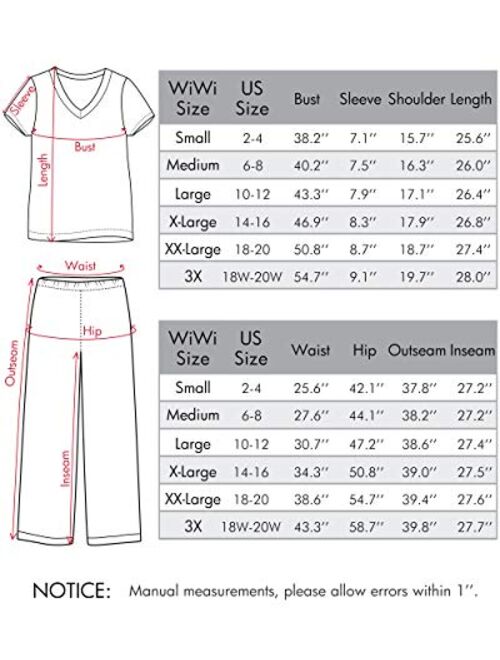 WiWi Womens Bamboo Pajama Sets Soft V Neck Sleepwear Short Sleeves Top with Pants Pjs Lightweight Loungewear S-3X