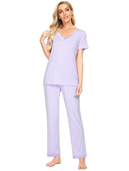 WiWi Womens Bamboo Pajama Sets Soft V Neck Sleepwear Short Sleeves Top with Pants Pjs Lightweight Loungewear S-3X