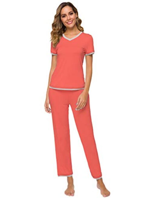 WiWi Womens Bamboo Pajama Sets Soft V Neck Sleepwear Short Sleeves Top with Pants Pjs Lightweight Loungewear S-3X