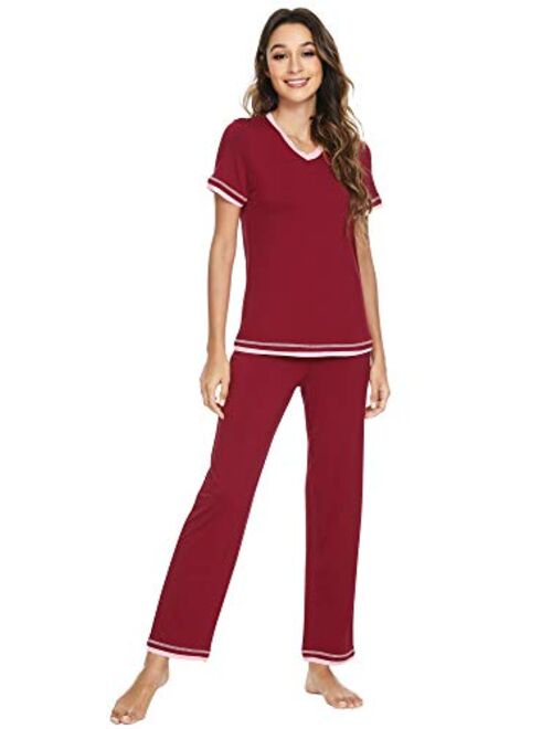 WiWi Womens Bamboo Pajama Sets Soft V Neck Sleepwear Short Sleeves Top with Pants Pjs Lightweight Loungewear S-3X