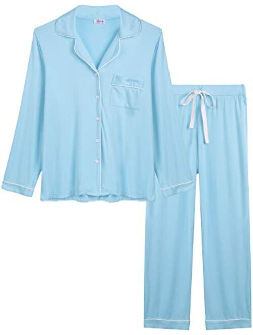 Joyaria Womens Soft Bamboo Pajama Sets Button Down Long Sleeve Pj Pants Set Sleepwear