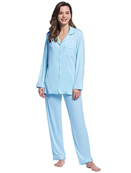 Joyaria Womens Soft Bamboo Pajama Sets Button Down Long Sleeve Pj Pants Set Sleepwear