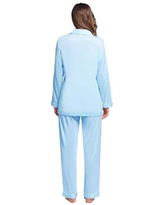 Joyaria Womens Soft Bamboo Pajama Sets Button Down Long Sleeve Pj Pants Set Sleepwear