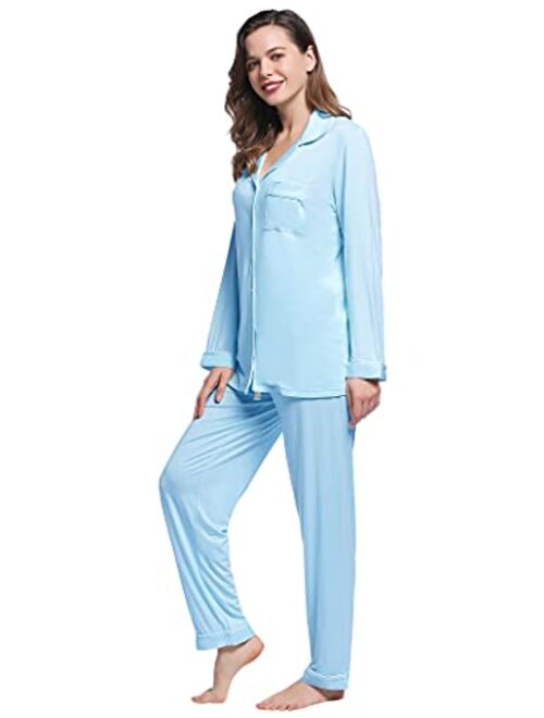 Joyaria Womens Soft Bamboo Pajama Sets Button Down Long Sleeve Pj Pants Set Sleepwear