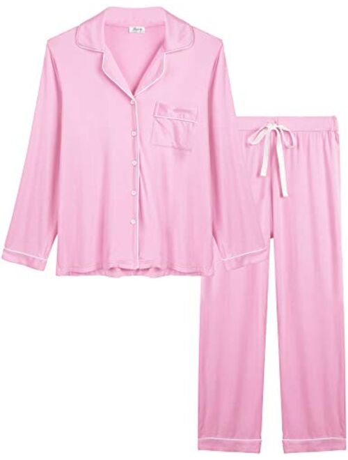 Joyaria Womens Soft Bamboo Pajama Sets Button Down Long Sleeve Pj Pants Set Sleepwear