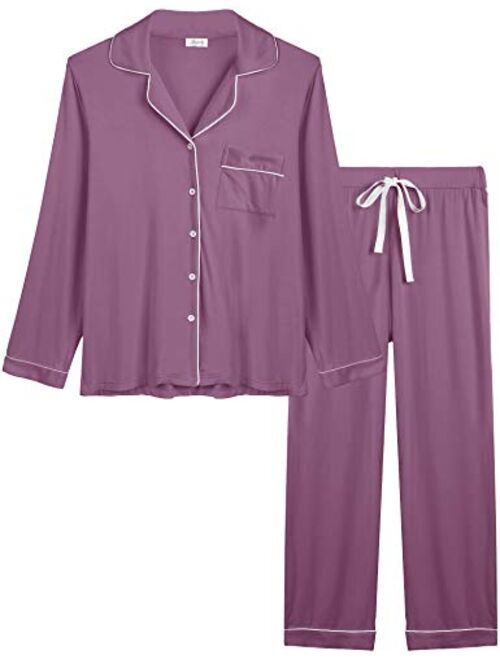 Joyaria Womens Soft Bamboo Pajama Sets Button Down Long Sleeve Pj Pants Set Sleepwear