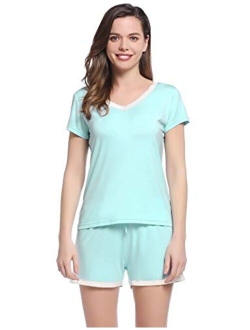 Joyaria Womens Bamboo V Neck Satin Trim Short Sleeve Pajama/Pj Shorts Set