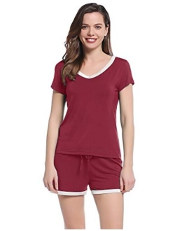 Joyaria Womens Bamboo V Neck Satin Trim Short Sleeve Pajama/Pj Shorts Set