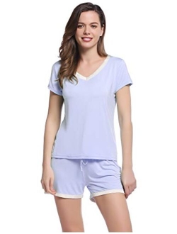 Joyaria Womens Bamboo V Neck Satin Trim Short Sleeve Pajama/Pj Shorts Set