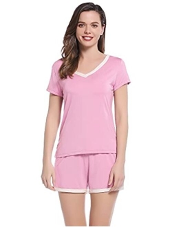 Joyaria Womens Bamboo V Neck Satin Trim Short Sleeve Pajama/Pj Shorts Set