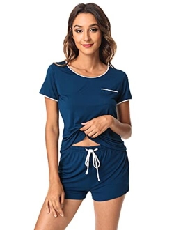 Womens Pajamas Set Soft Bamboo Pjs Nightwear Short Sleeve Top with Shorts Pajama Sets Plus Size Sleepwear S-4X