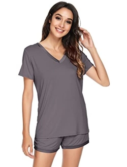 Womens Pajamas Set Soft Bamboo Pjs Nightwear Short Sleeve Top with Shorts Pajama Sets Plus Size Sleepwear S-4X