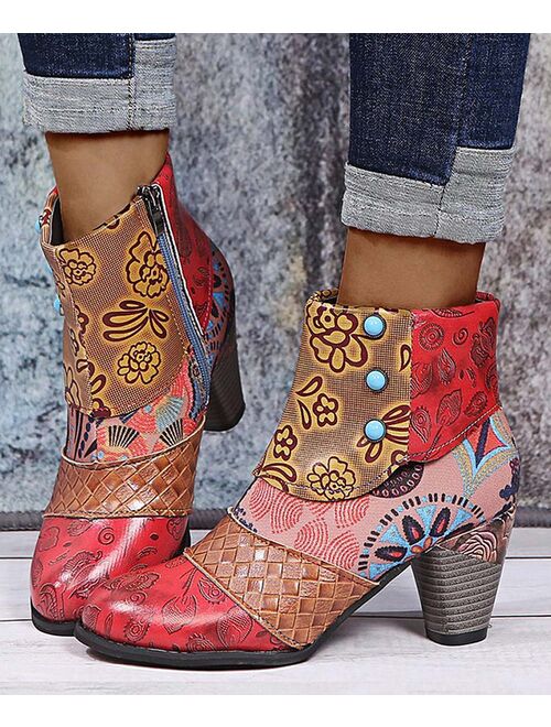 RXFSP | Red Abstract Patchwork Ankle Boot - Women