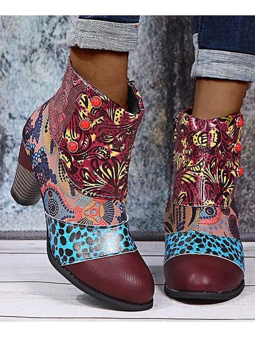 Red Wine Abstract Patchwork Ankle Boot - Women