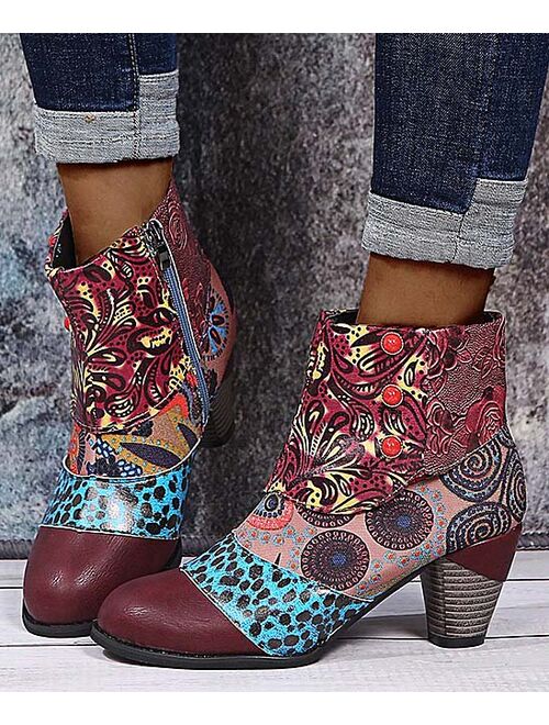 Red Wine Abstract Patchwork Ankle Boot - Women