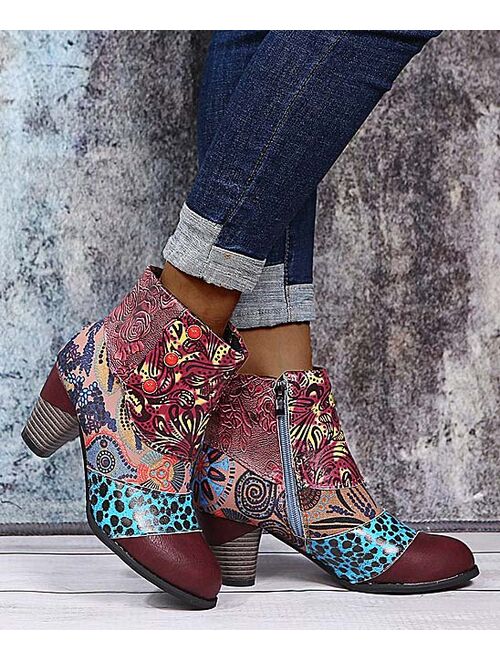 Red Wine Abstract Patchwork Ankle Boot - Women