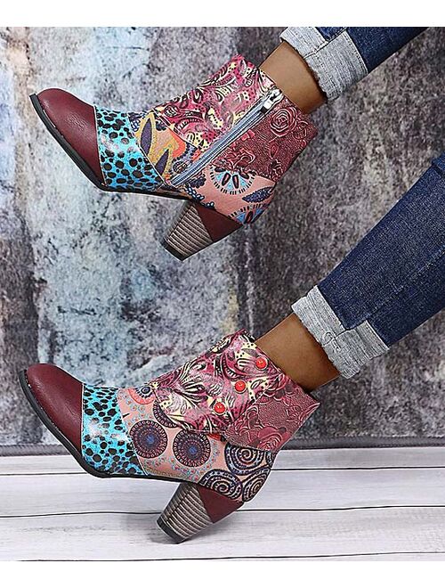 Red Wine Abstract Patchwork Ankle Boot - Women