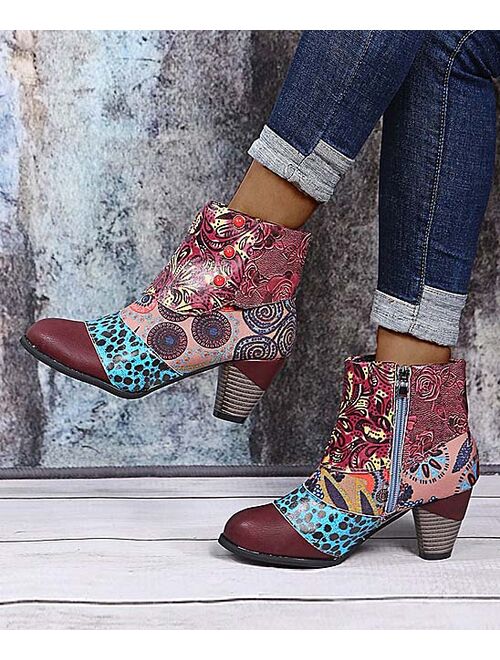 Red Wine Abstract Patchwork Ankle Boot - Women