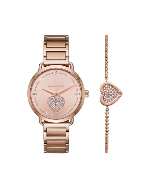 Michael Kors Women's Portia Rose Gold-Tone Stainless Steel Bracelet Watch 37mm Gift Set