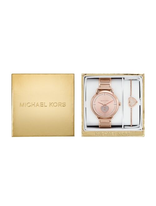 Michael Kors Women's Portia Rose Gold-Tone Stainless Steel Bracelet Watch 37mm Gift Set