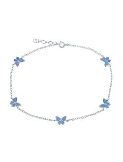 Sterling Silver & Lab-Created Opal Butterfly Pendants Anklet