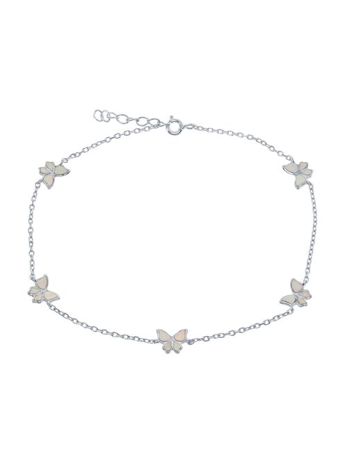 Sterling Silver & Lab-Created Opal Butterfly Pendants Anklet