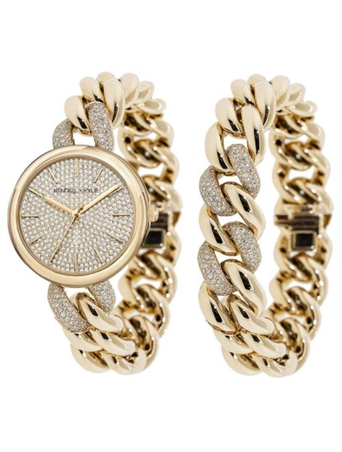 Kendall + Kylie Women's Gold Tone and Crystal Chain Link Stainless Steel Strap Analog Watch and Bracelet Set 40mm