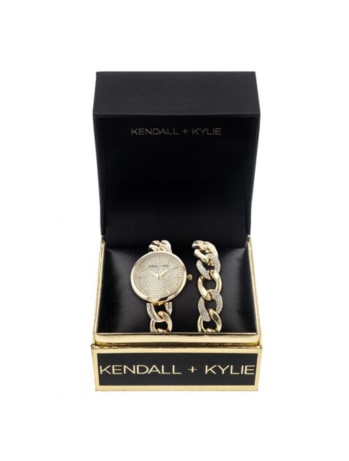 Kendall + Kylie Women's Gold Tone and Crystal Chain Link Stainless Steel Strap Analog Watch and Bracelet Set 40mm