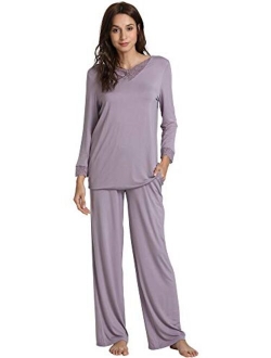 GYS Womens Pajamas Set 3/4 Long Sleeve Sleepwear Bamboo Pjs V Neck Soft Loungewear Set with Lace S-4XL