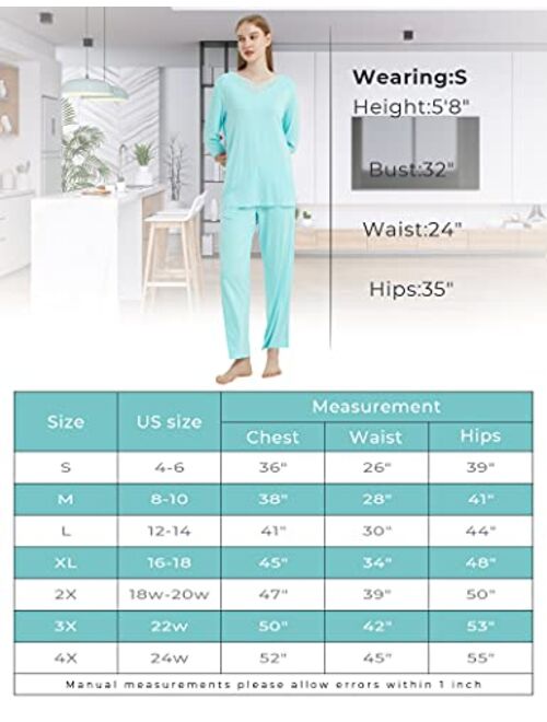 GYS Womens Pajamas Set 3/4 Long Sleeve Sleepwear Bamboo Pjs V Neck Soft Loungewear Set with Lace S-4XL