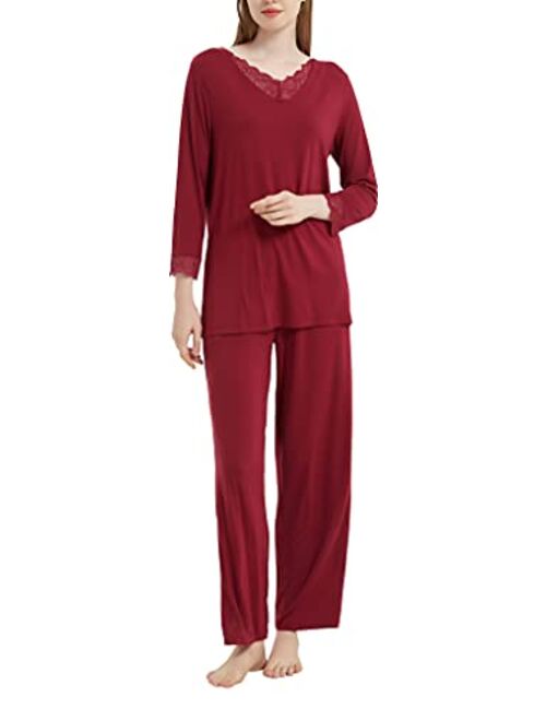 GYS Womens Pajamas Set 3/4 Long Sleeve Sleepwear Bamboo Pjs V Neck Soft Loungewear Set with Lace S-4XL