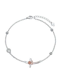 Sterling Silver Sideways Cross Sunflower or Rose Flower Necklace or Anklet for Women