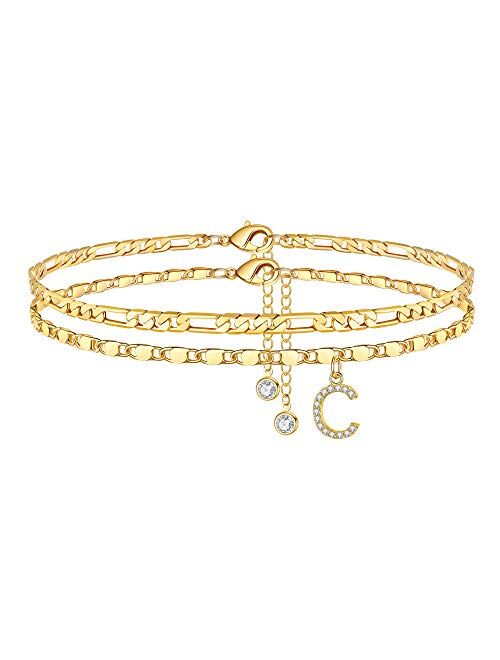 Ursteel Ankle Bracelets for Women, 14K Gold Plated Dainty Layered Figaro Chain CZ Initial Anklets Set Summer Jewelry Gifts for Women Teen Girls