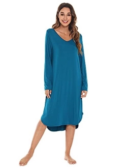 Bamboo Nightgowns for Women Soft Long Sleeve Sleep Shirt Sleepwear Comfy Loungewear Plus Size Nightshirts S-4X