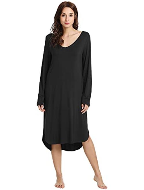 WiWi Bamboo Nightgowns for Women Soft Long Sleeve Sleep Shirt Sleepwear Comfy Loungewear Plus Size Nightshirts S-4X