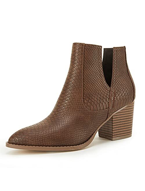 Womens Ankle Boots Slip on Cutout Pointed Toe Snakeskin Chunky Stacked Mid Heel Booties