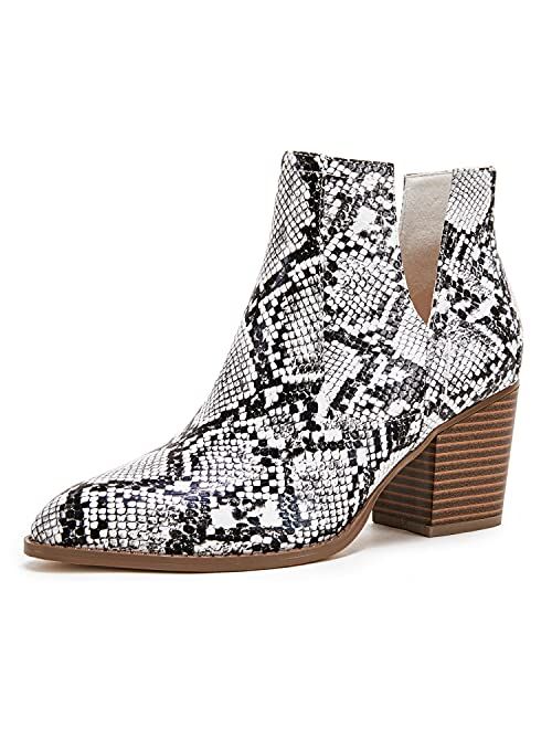 Womens Ankle Boots Slip on Cutout Pointed Toe Snakeskin Chunky Stacked Mid Heel Booties