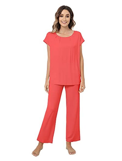 NACHILA Women's Pajama Set Bamboo Pjs Long Pants Soft Sleepwear Cap Sleeve S-XXL